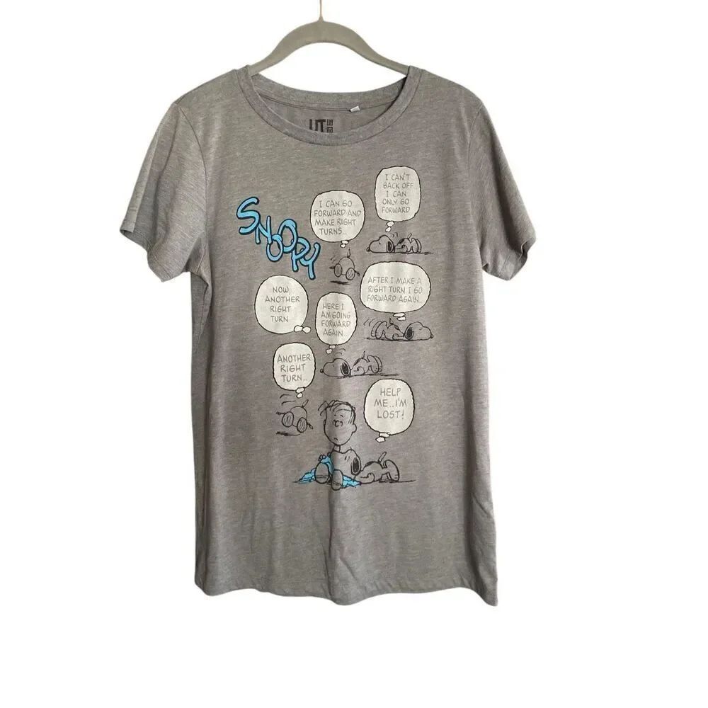 Uniglo women’s peanuts, snoopy, gray, short sleeve, T-shirt, size large 